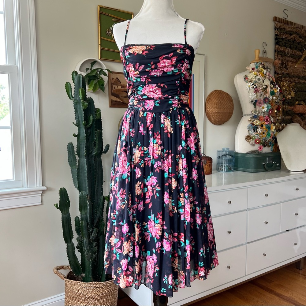 Vintage Laura Ashley Black & Pink Floral Dress 100% Cotton Fit & Flare Size 12